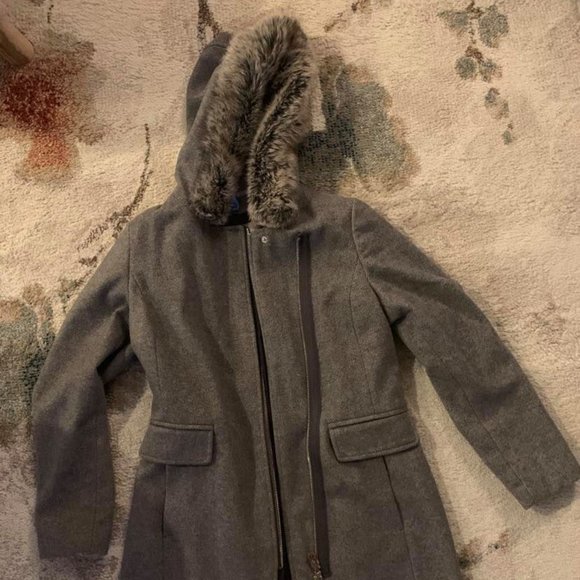 Christian Berg Grey Pea Coat with Fur Hood - Picture 1 of 6